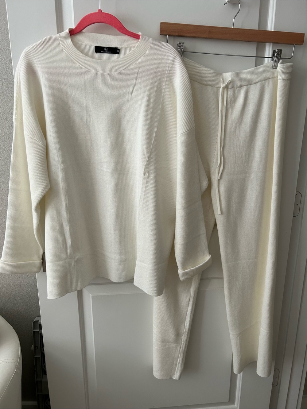 Cream Knit Crewneck Sweater - Relaxed Everyday Pullover and Drawstring Pants